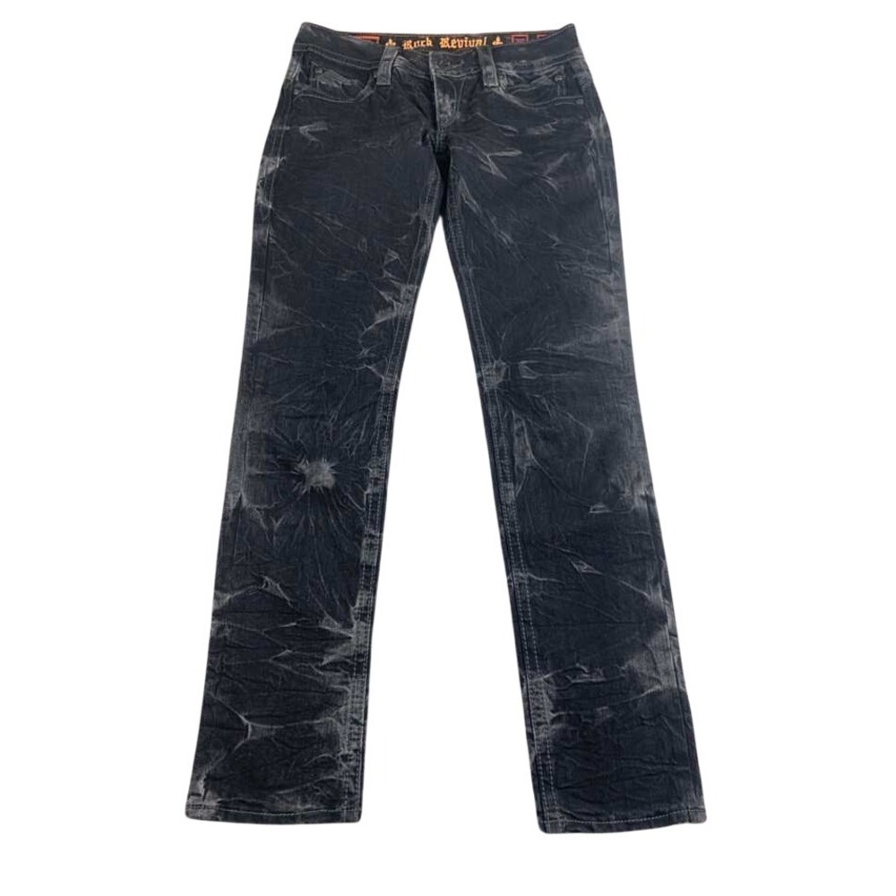Y2K Rock Revival Jeans Women 29 Pat Skinny Black Acid Wash Denim Fleur De Lis